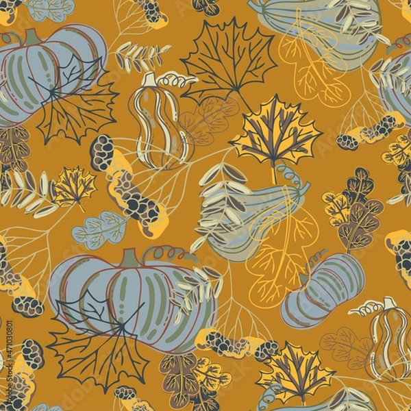 Obraz Seamless vector pattern of decorative autumn botanicals pumpkins and leaves in pastel orange and green tones