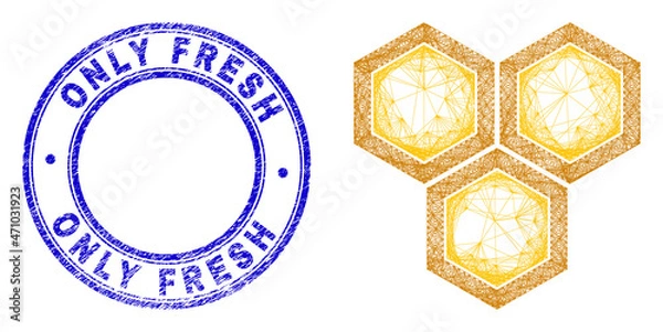 Fototapeta Network irregular mesh honeycomb icon with Only Fresh Products grunge round stamp seal. Abstract lines form honeycomb picture. Blue stamp seal contains Only Fresh Products text inside round shape.