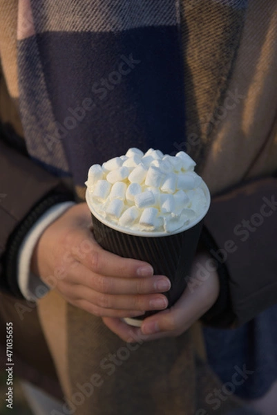 Fototapeta Vertical image of youthful female hands holding hot chocolate to go