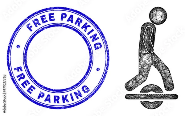 Fototapeta Hatched irregular mesh man drive one wheel icon with Free Parking corroded round seal print. Abstract lines form man drive one wheel picture. Blue stamp seal has Free Parking text inside round form.