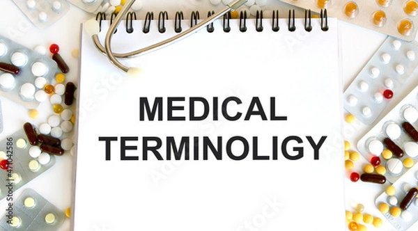 Fototapeta In the notebook the text medical TERMINOLIGY, around are tablets.