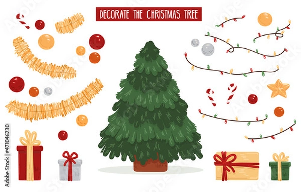 Fototapeta New Year's game for children. Decorate the Christmas tree. A set of vector elements, ready to print, create labels. The illustration is suitable for games, book printing, applications, education.