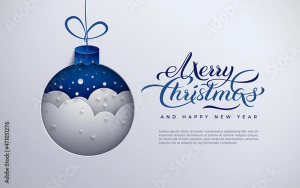 Fototapeta Merry Christmas banner, holiday design, paper Xmas tree toy decoration with snowflakes, snow, text merry christmas, blue background for greeting card, poster, paper cut out style, vector illustration