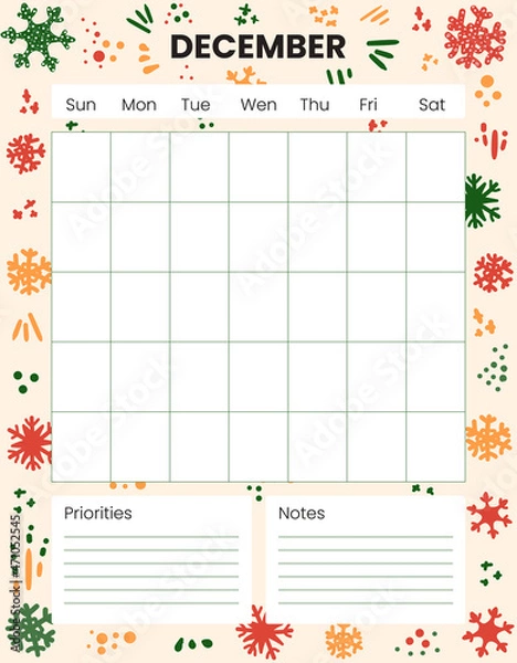 Fototapeta December Printable Monthly planner, organizer. Winter background. Holidays, Christmas. Notes, to do list. Time management planning sheets. Pre-made stationery organizers. 