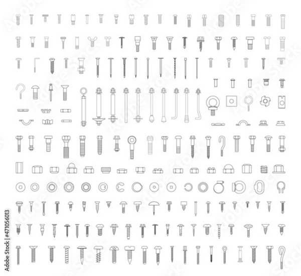 Obraz Collection of perfectly linear icons of fasteners and screws.