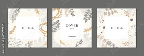 Fototapeta Set of abstract square backgrounds, templates in trendy earthy colors. Modern design with linear floral illustrations and abstract shapes with texture. Covered under mask, easy to use.
