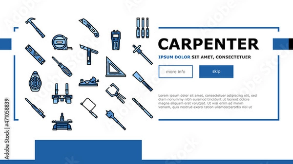 Fototapeta Carpenter Tool And Accessory Landing Web Page Header Banner Template Vector. Carpenter Pencil And Chisel, Saw Hammer, Sliding Bevel Tape Meter Measuring Equipment. Carpenting Instrument Illustration