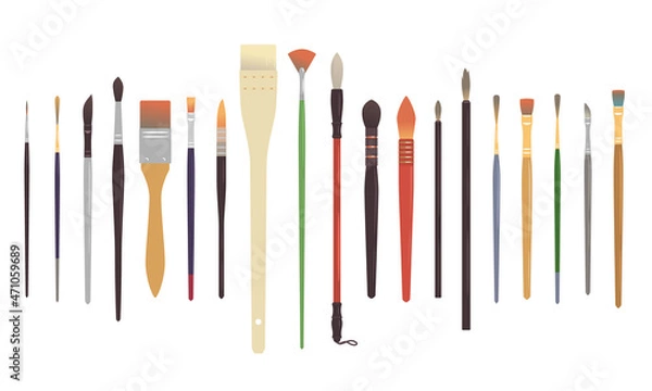 Fototapeta Art brushes for painting. Different types of brushes for painting. Paint brushes set in row on white isolated background. Vector illustration on white background.