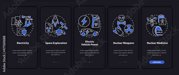 Fototapeta Nuclear power usage onboarding mobile app page screen. Nuclear medicine walkthrough 5 steps graphic instructions with concepts. UI, UX, GUI vector template with linear night mode illustrations