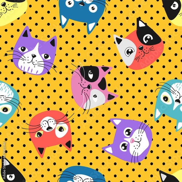 Fototapeta Funny cartoon cats. Seamless pattern.Texture for fabric, wrapping, wallpaper. Decorative print	
