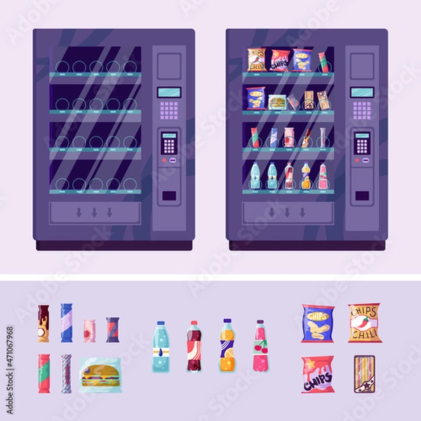 Fototapeta Colorful vector vending machine full of snacks and beverages. Empty equipment with collection of elements. Cartoon set of snack, can, sandwich, burger, candy, chocolate bar, soda. Front view.