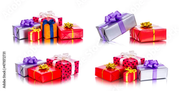 Fototapeta Collection row of colorful gift boxes with bows, isolated on white