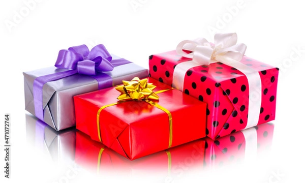 Fototapeta Collection row of colorful gift boxes with bows, isolated on white