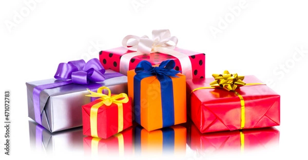 Fototapeta Collection row of colorful gift boxes with bows, isolated on white