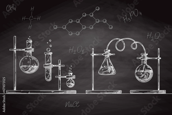 Fototapeta Sketch of chemical laboratory objects. Glassware for a chemical experiment on a chalk board. Vector pharmaceutical flasks, beakers and test tubes.