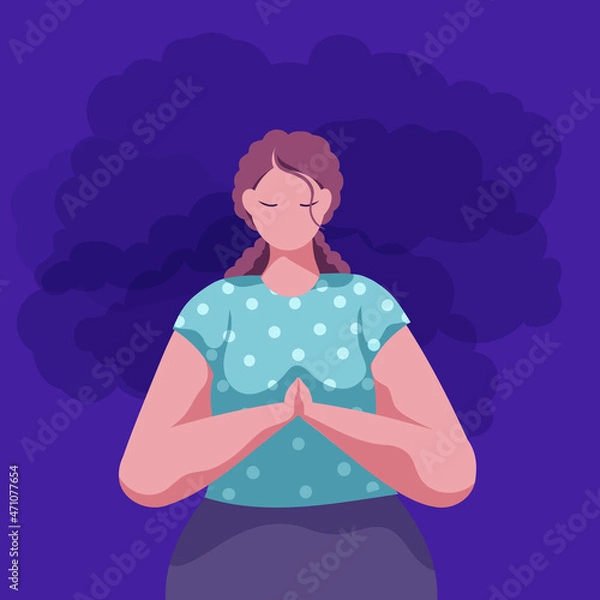 Fototapeta Upset young woman trying to cope with problem with closed eyes. Depression. Sad teen girl character asking for help. Feeling lonely, upset, and exhausted. Dark background. Cartoon vector illustration
