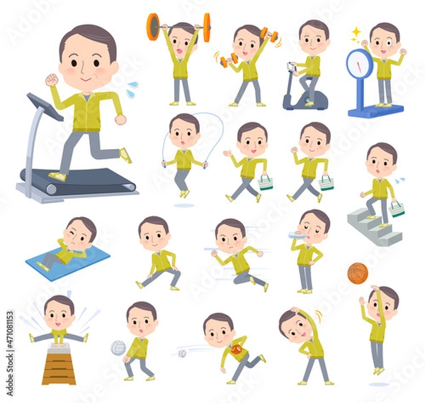 Fototapeta エクササイズやスポーツに関するスポーツウエアを着た中年薄毛男性のセット