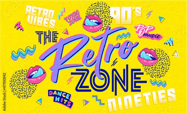 Fototapeta 90s and 80s poster. Nineties forever. Retro style textures and alphabet mix. Aesthetic fashion background and eighties graphic. Pop and rock music party event template. Vintage vector poster, banner.