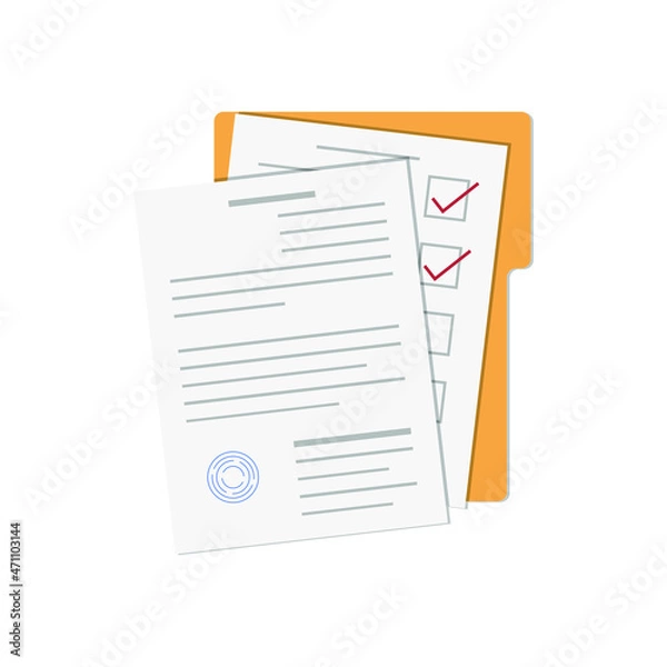 Fototapeta Documents and yellow folder. Vector illustration, flat minimal color cartoon design, isolated on white background, eps 10.