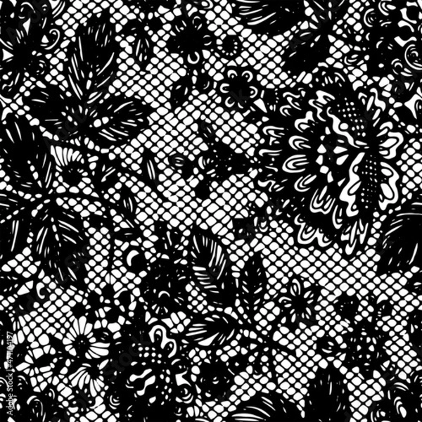 Fototapeta Full seamless halftone floral pattern black white illustration. Flower leaf design for fabric print. Suitable for home decoration.