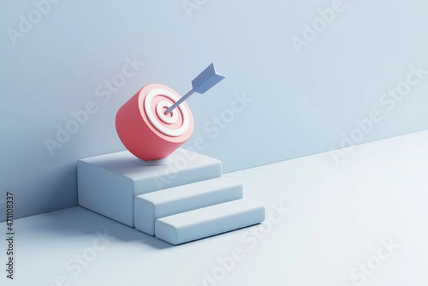Fototapeta Blue arrow hit the center of target or goal of success on top of the staircase. Business target achievement concept, minimal, 3d render.