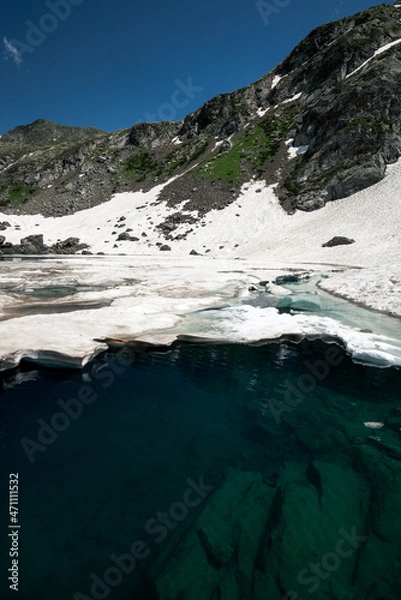 Obraz thick ice on a blue transparent mountain lake in arkhyz
