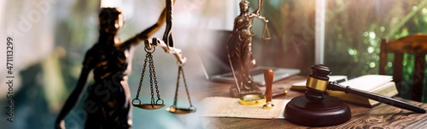 Obraz Business and lawyers discussing contract papers with brass scale on desk in office. Law, legal services, advice, justice and law concept picture with film grain effect