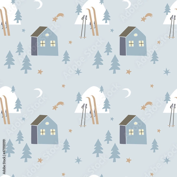Fototapeta Seamless pattern with  house, Christmas tree, ski and hills isolated on blue background. Vector hand drawn flat illustration. Design for textile, wallpaper, wrapping, backdrop