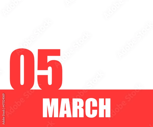 Fototapeta March. 05th day of month, calendar date. Red numbers and stripe with white text on isolated background. Concept of day of year, time planner, spring month