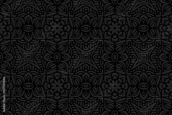 Fototapeta Embossed black background design. Trendy texture with geometric volumetric convex ethnic 3D pattern. Vector graphic template in the style of folk art for business background, wallpaper, presentations.