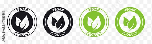 Obraz Vegan product labels vector set. Black and green vegan food stamp icons. Isolated vegetarian symbol collection. Packaging badges design, vector illustration.