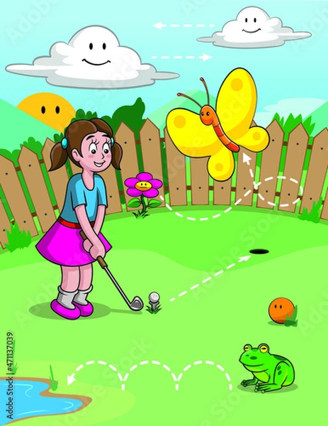 Obraz Girl playing golf in the backyard garden