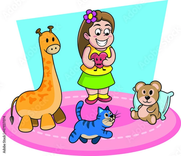 Obraz Little girl playing with her toys and her cat