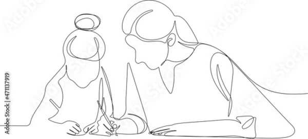 Fototapeta Continuous one line drawing of loving young mother and daughter drawing painting in album or learn to write in notebooks or in writing. Vector illustration