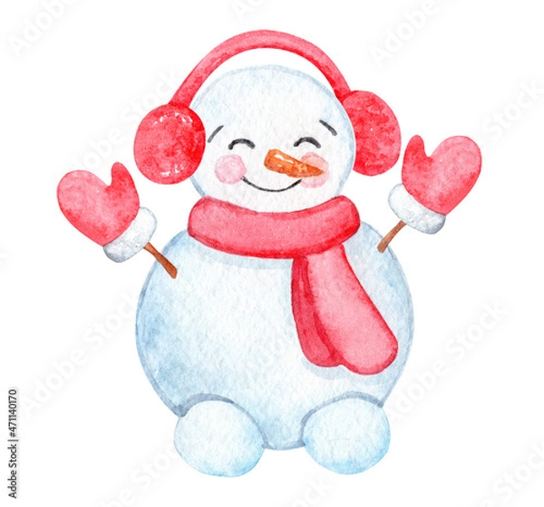 Fototapeta Watercolor cute snowman in red earmuffs and mittens isolated on white