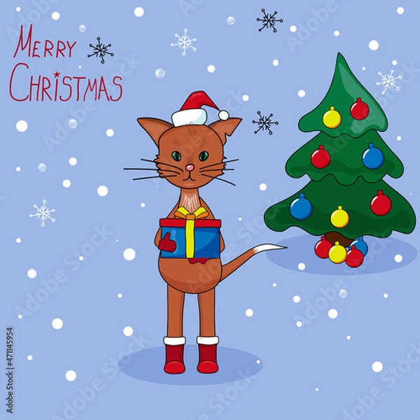 Fototapeta Christmas postcard with cat. Vector Illustration. Christmas Cat with present box giving gift. Cat gives a new year gift. Christmas tree. 