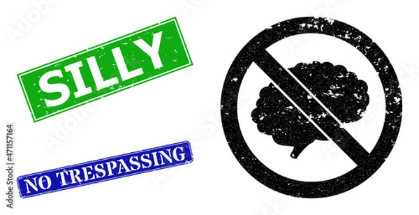 Fototapeta Grunge brainless icon and rectangle unclean Silly seal. Vector green Silly and blue No Trespassing seals with unclean rubber texture, designed for brainless illustration.
