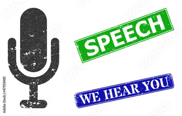 Fototapeta Grunge microphone icon and rectangular dirty Speech seal stamp. Vector green Speech and blue We Hear You seals with grunge rubber texture, designed for microphone illustration.