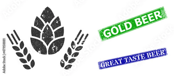 Fototapeta Grunge barley and hop icon and rectangle unclean Gold Beer seal stamp. Vector green Gold Beer and blue Great Taste Beer watermarks with unclean rubber texture,