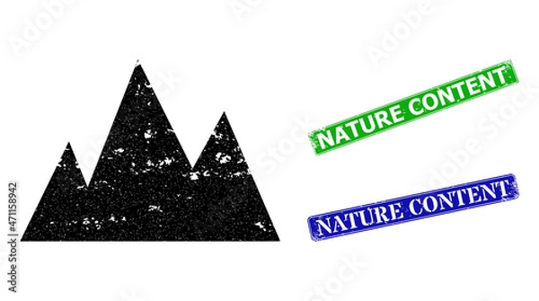 Fototapeta Grunge mountains icon and rectangle rubber Nature Content seal stamp. Vector green Nature Content and blue Nature Content watermarks with grunge rubber texture,
