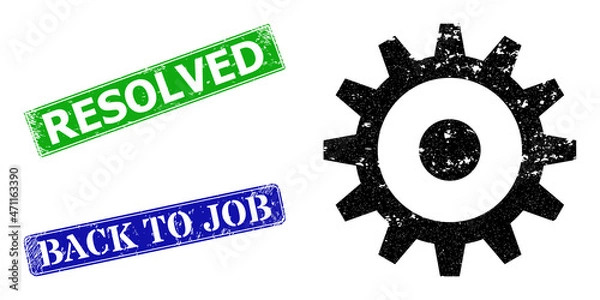 Fototapeta Grunge gear wheel icon and rectangle rubber Resolved stamp. Vector green Resolved and blue Back to Job imprints with corroded rubber texture, designed for gear wheel illustration.