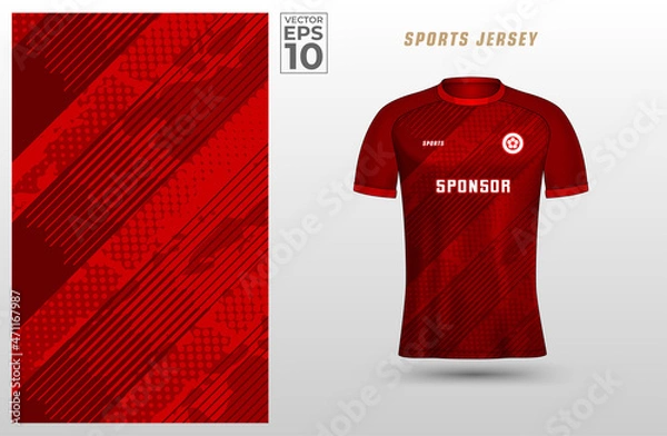 Fototapeta Red t-shirt sport design template with abstract line halftone pattern for soccer jersey. Sport uniform in front view. Tshirt mock up for sport club. Vector Illustration