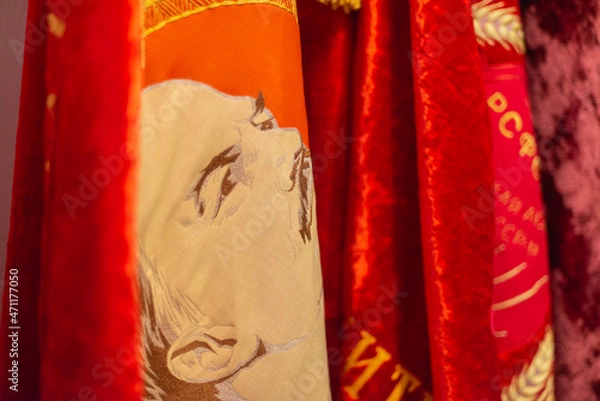 Fototapeta Red flag with Lenin. Close-up.