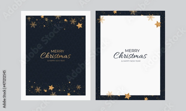 Fototapeta Merry Christmas And Happy New Year Greeting Card Decorated By Golden Snowflakes, Stars In Two Color Options.