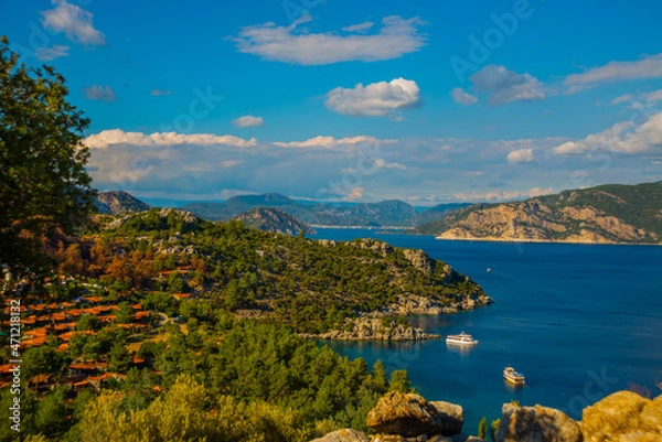 Fototapeta MARMARIS, TURKEY: Top view of the bay and Marmaris from the ruins of the ancient city of Amos.
