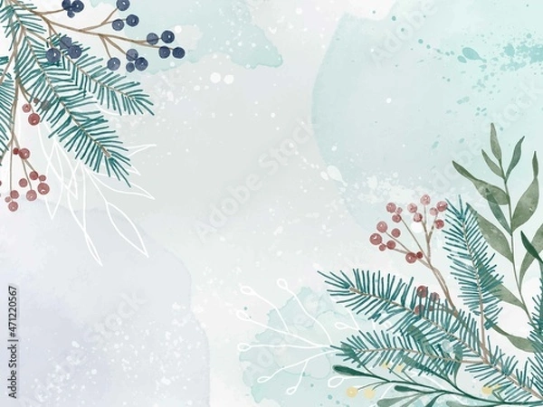 Fototapeta Watercolor winter background with plants, branches, berries and splashes. Christmas pre-made scene