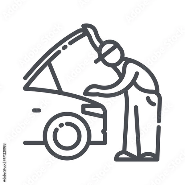Fototapeta Vector line icon of a service inspection station and a Auto Mechanic under the car hood