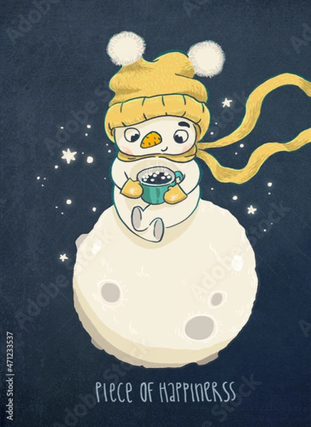 Fototapeta New Year or Christmas card with a cute little snowman. 