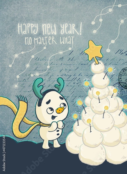 Fototapeta New Year or Christmas card with a cute little snowman. 