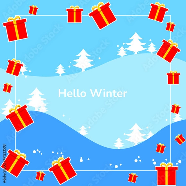 Fototapeta Winter Background. frame with snowflakes, trees and gifts. flat, and modern style. suitable for greeting card, feed social media, banner or flyer